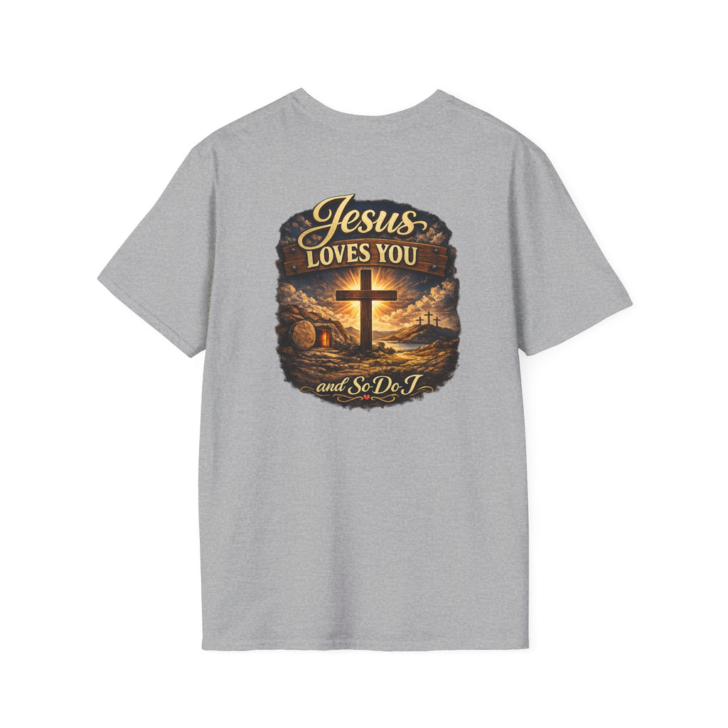Christian T-Shirt — "Jesus Loves You" Cross Sunset Graphic