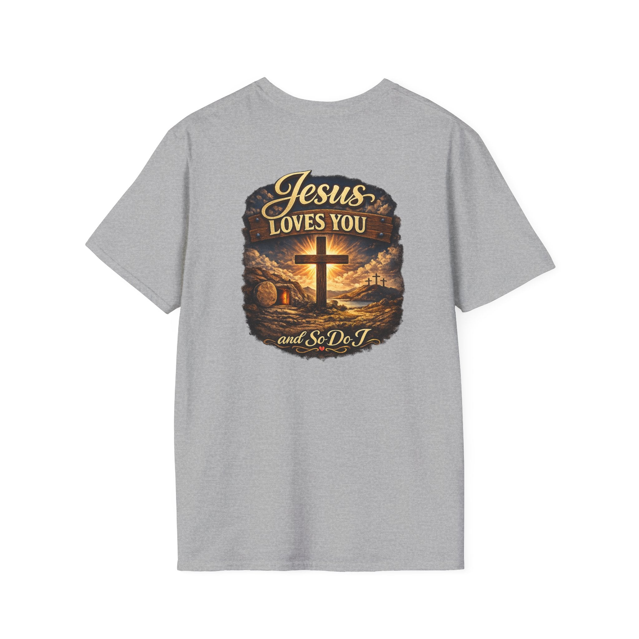 Christian T-Shirt — "Jesus Loves You" Cross Sunset Graphic