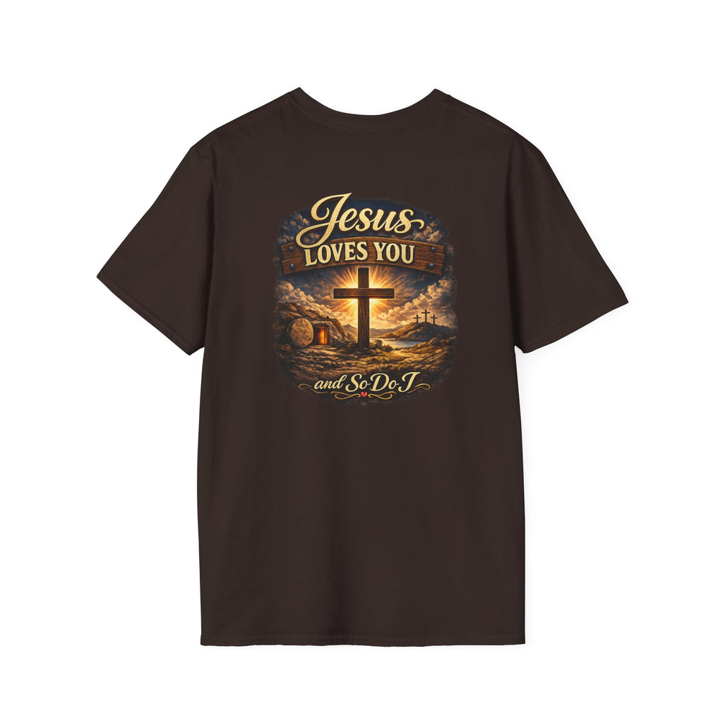 Christian T-Shirt — "Jesus Loves You" Cross Sunset Graphic