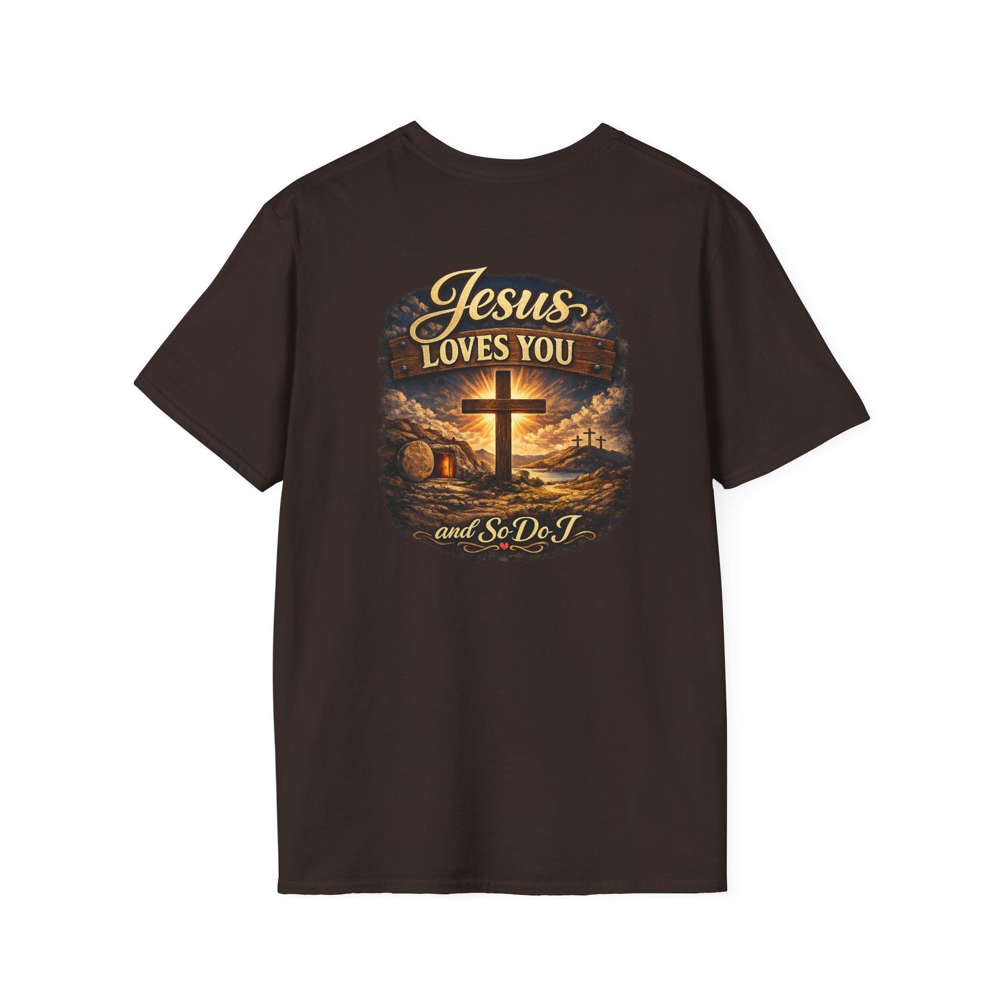 Christian T-Shirt — "Jesus Loves You" Cross Sunset Graphic