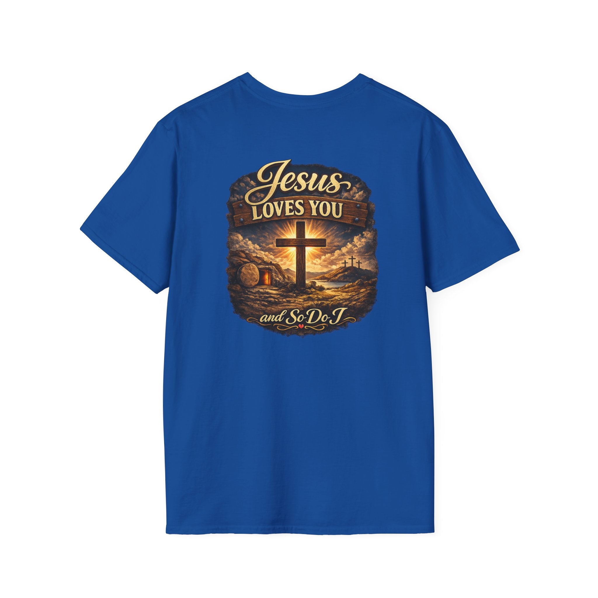 Christian T-Shirt — "Jesus Loves You" Cross Sunset Graphic