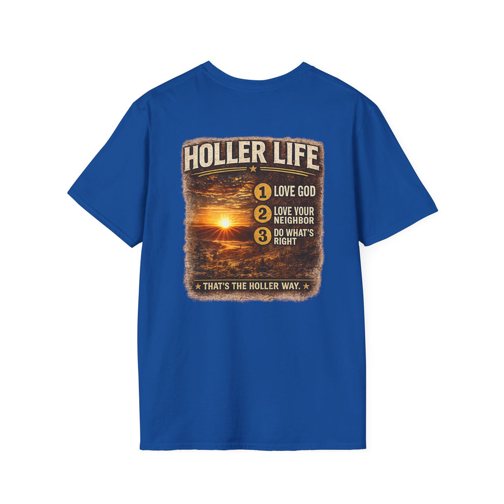 Holler Life T-Shirt — Scenic Sunset Faith Graphic Tee (Love God • Love Your Neighbor)