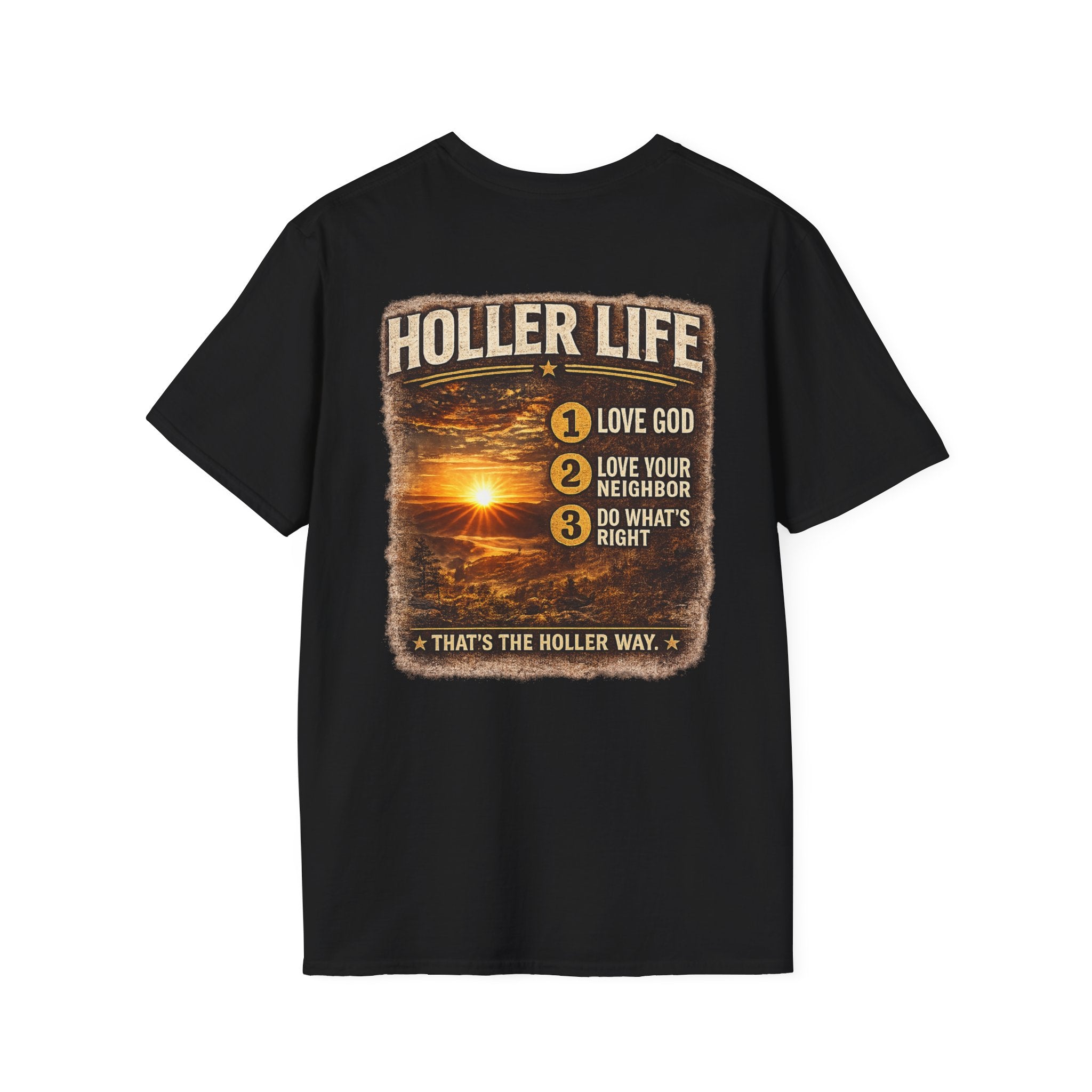 Holler Life T-Shirt scenic Sunset Faith Graphic Tee ( Love God- Love your neighbor