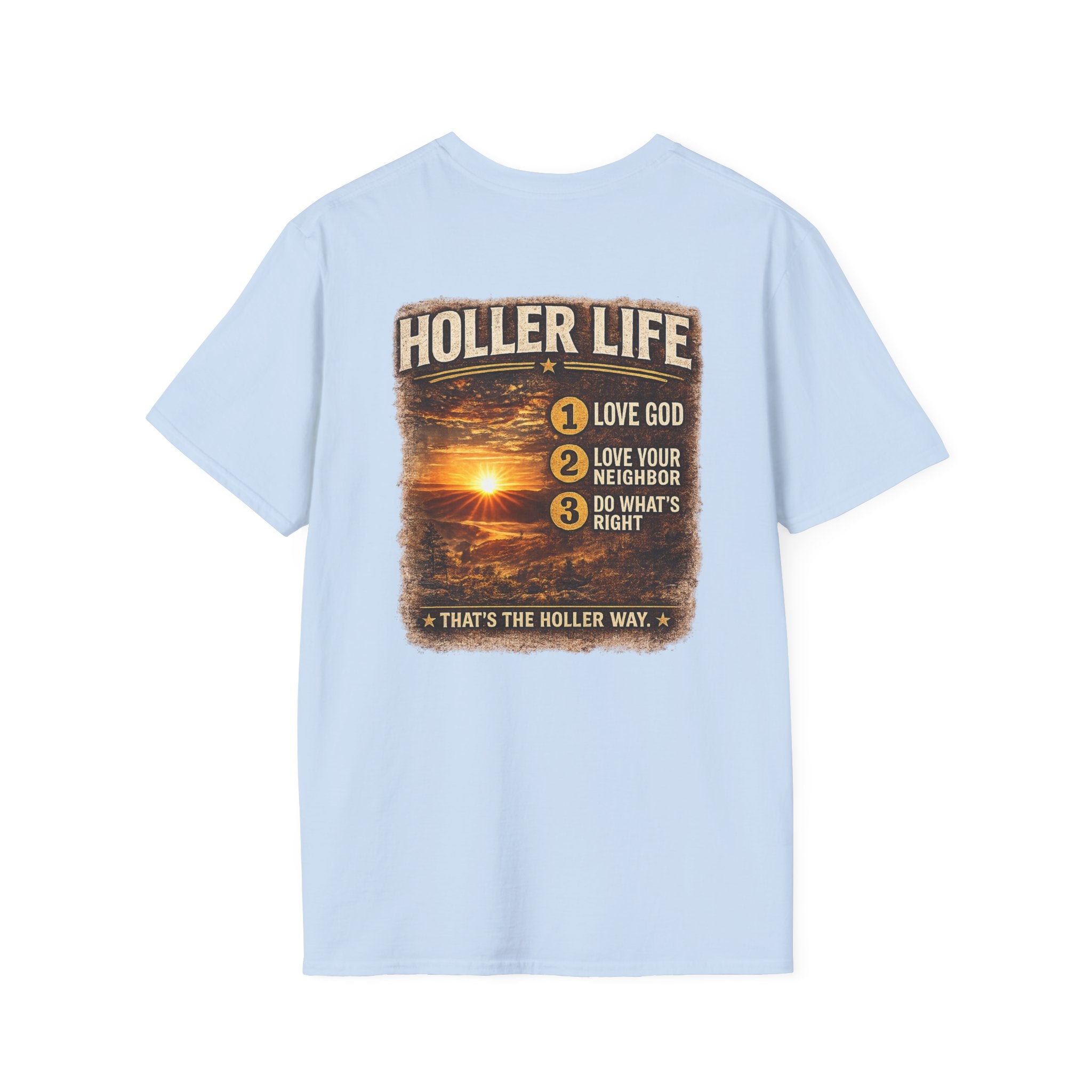 Holler Life T-Shirt — Scenic Sunset Faith Graphic Tee (Love God • Love Your Neighbor)