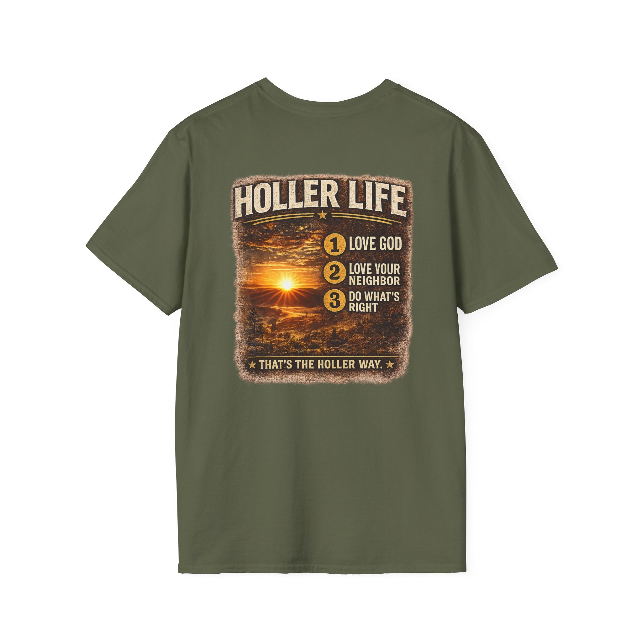 Holler Life T-Shirt — Scenic Sunset Faith Graphic Tee (Love God • Love Your Neighbor)