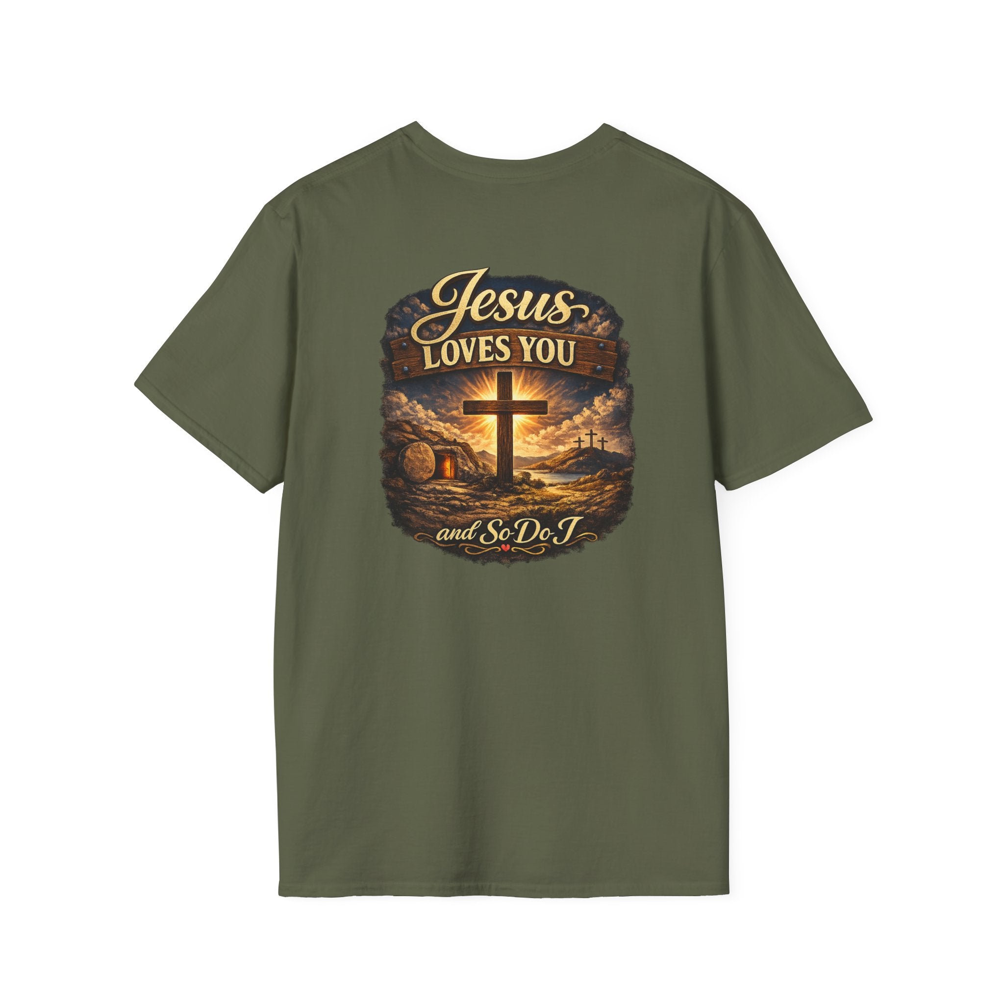 Christian T-Shirt — "Jesus Loves You" Cross Sunset Graphic