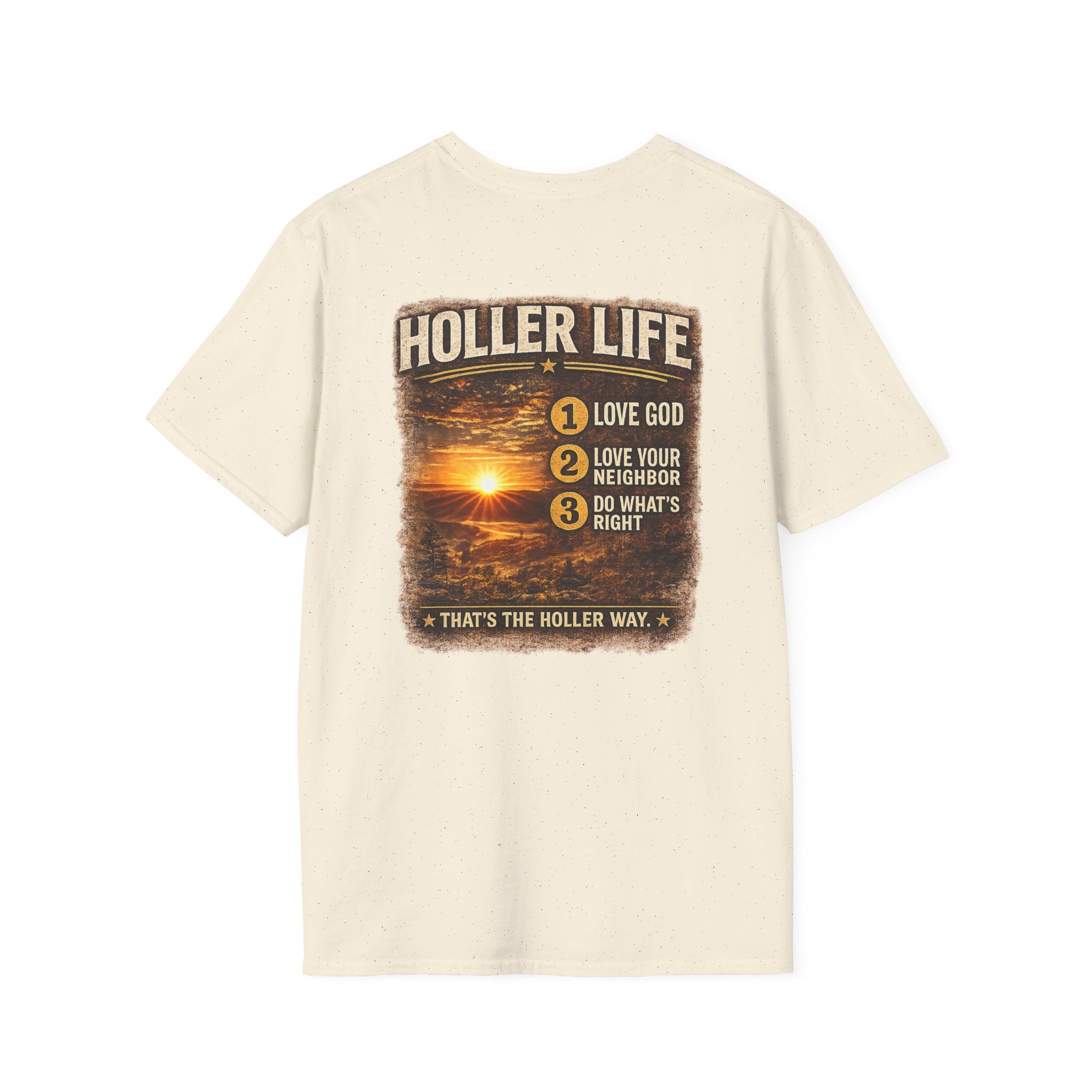 Holler Life T-Shirt — Scenic Sunset Faith Graphic Tee (Love God • Love Your Neighbor)