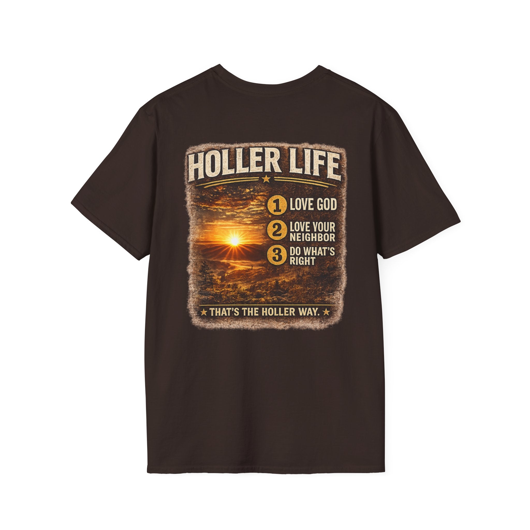 Holler Life T-Shirt scenic Sunset Faith Graphic Tee ( Love God- Love your neighbor