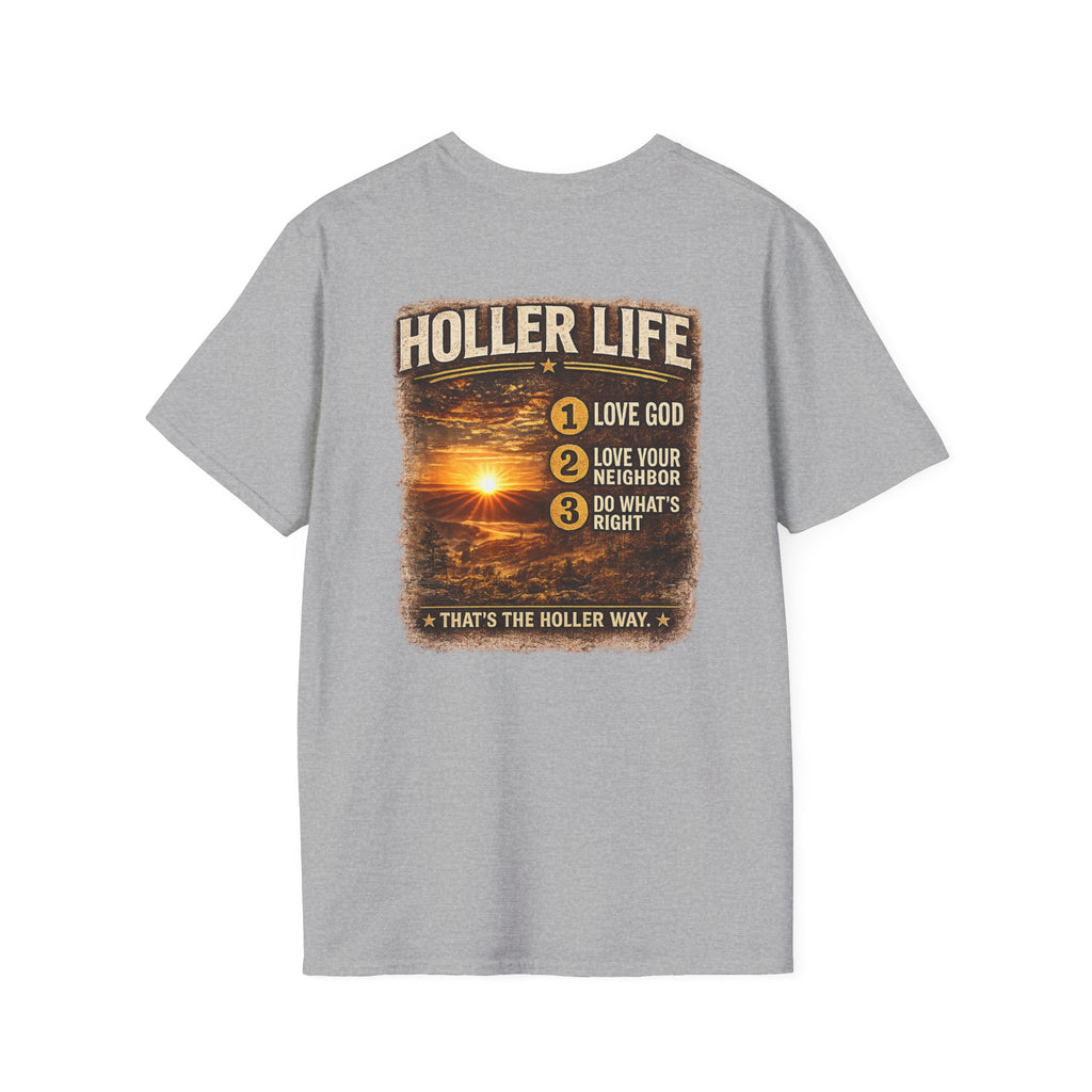 Holler Life T-Shirt — Scenic Sunset Faith Graphic Tee (Love God • Love Your Neighbor)
