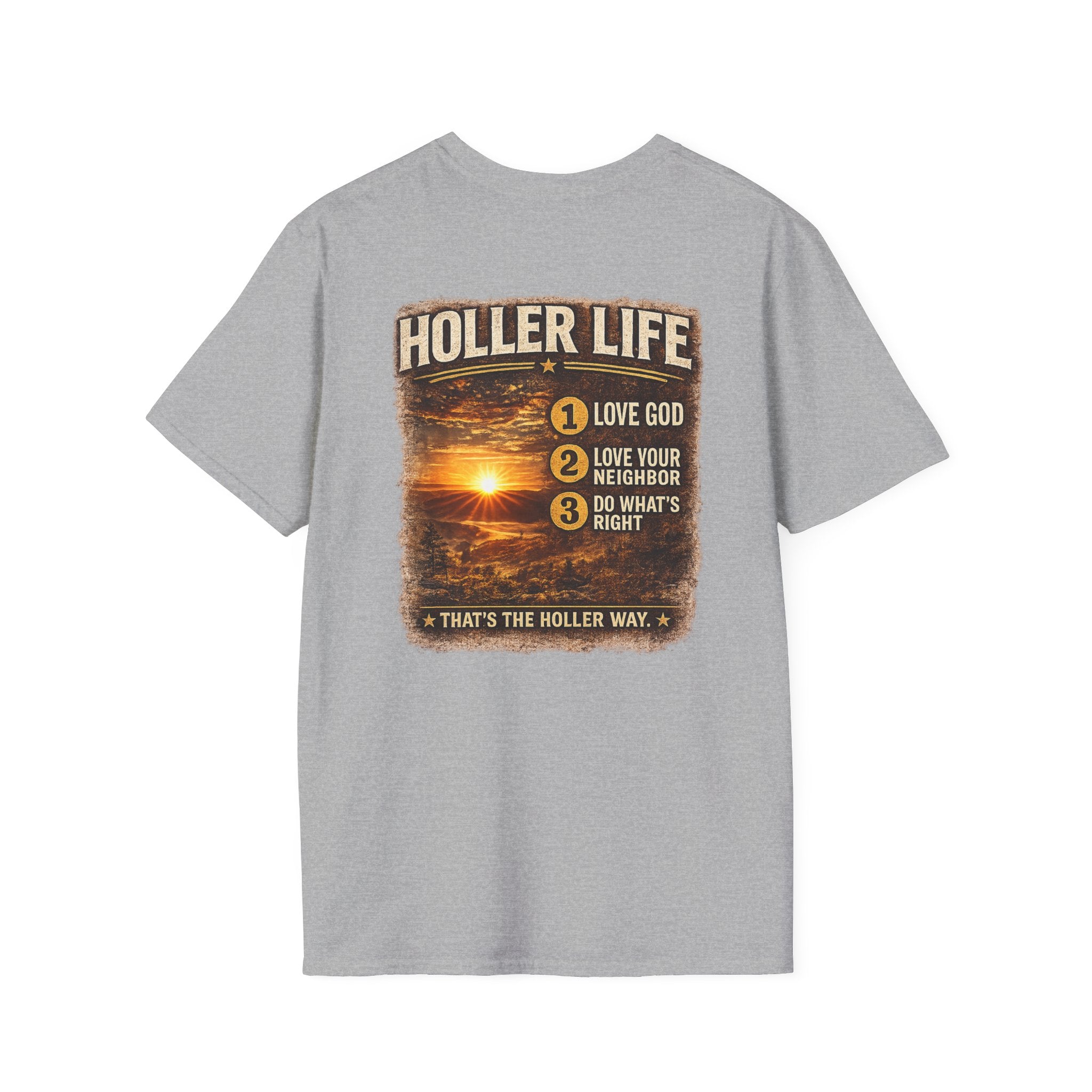 Holler Life T-Shirt — Scenic Sunset Faith Graphic Tee (Love God • Love Your Neighbor)