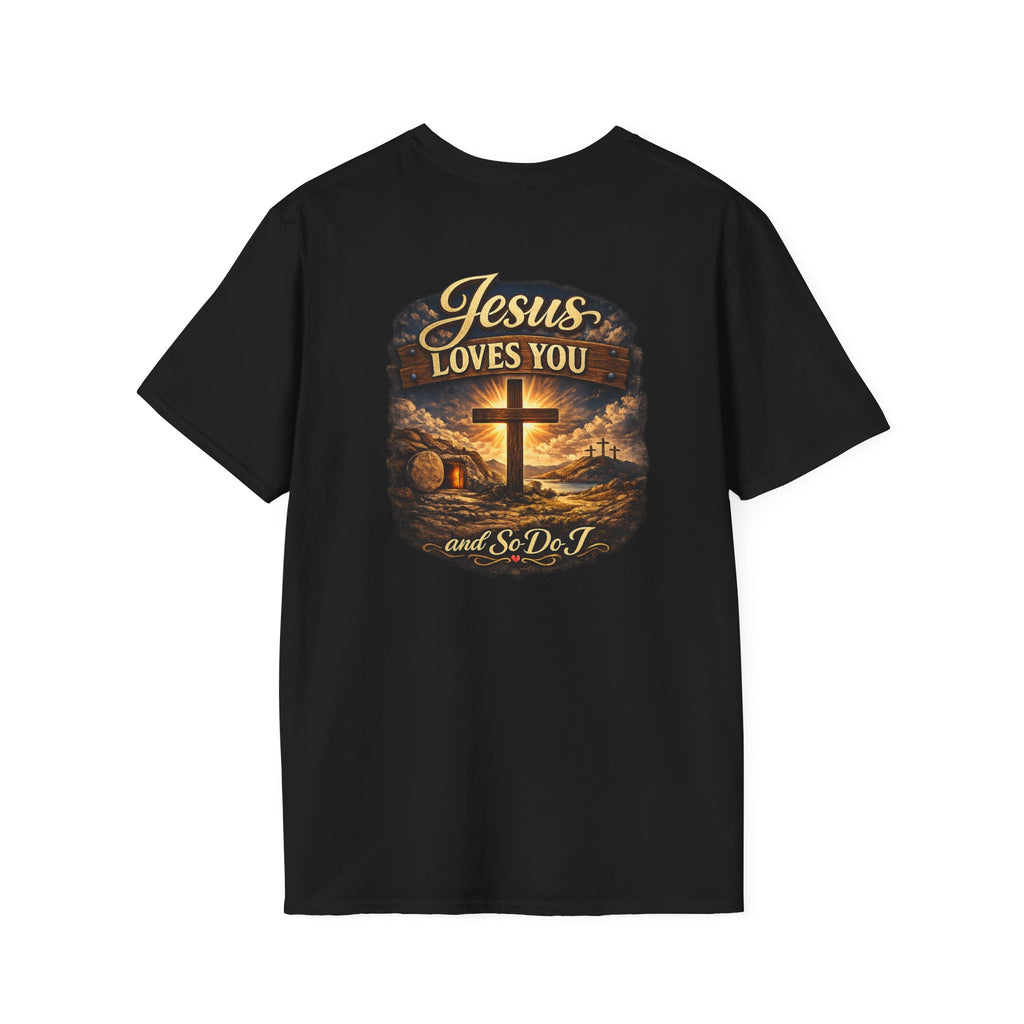 Christian T-Shirt — "Jesus Loves You" Cross Sunset Graphic