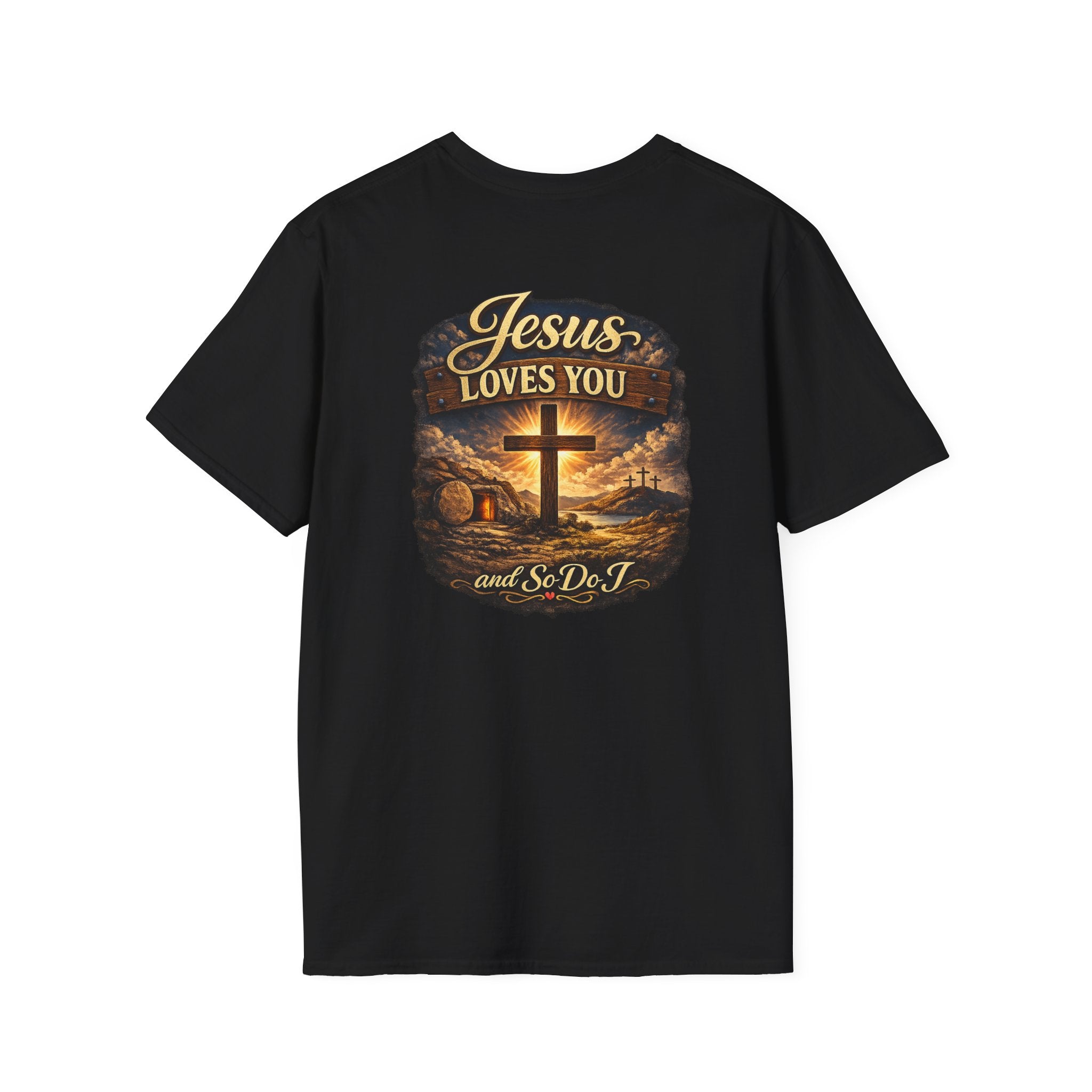 Christian T-Shirt — "Jesus Loves You" Cross Sunset Graphic