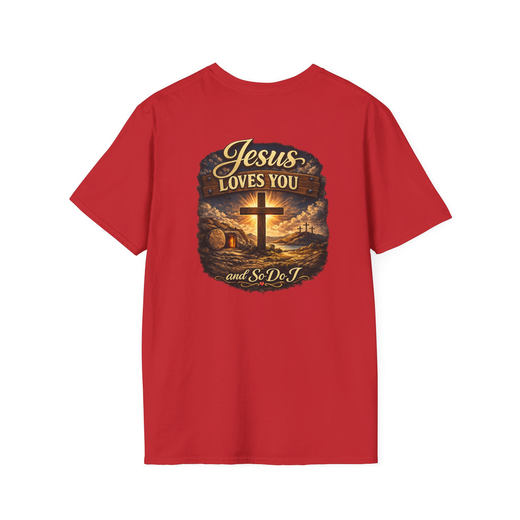 Christian T-Shirt — "Jesus Loves You" Cross Sunset Graphic