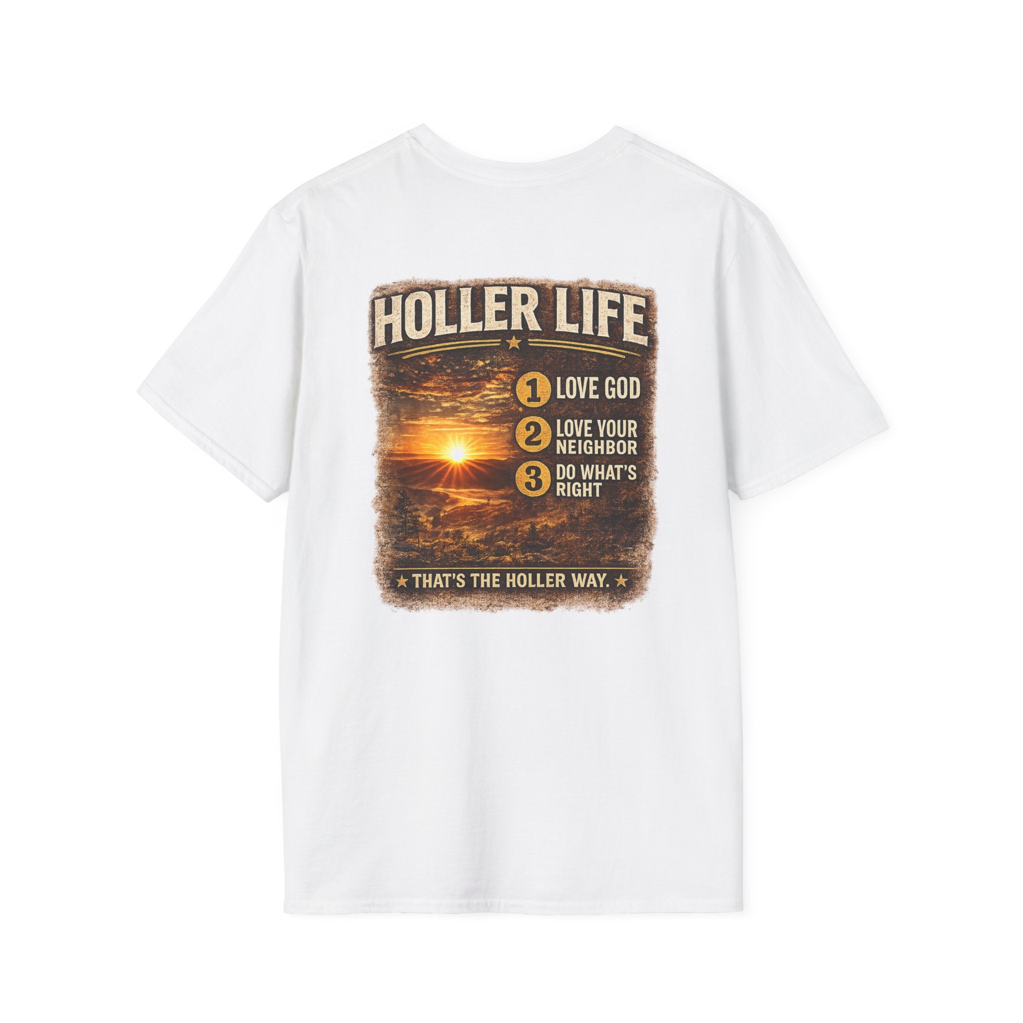 Holler Life T-Shirt — Scenic Sunset Faith Graphic Tee (Love God • Love Your Neighbor)