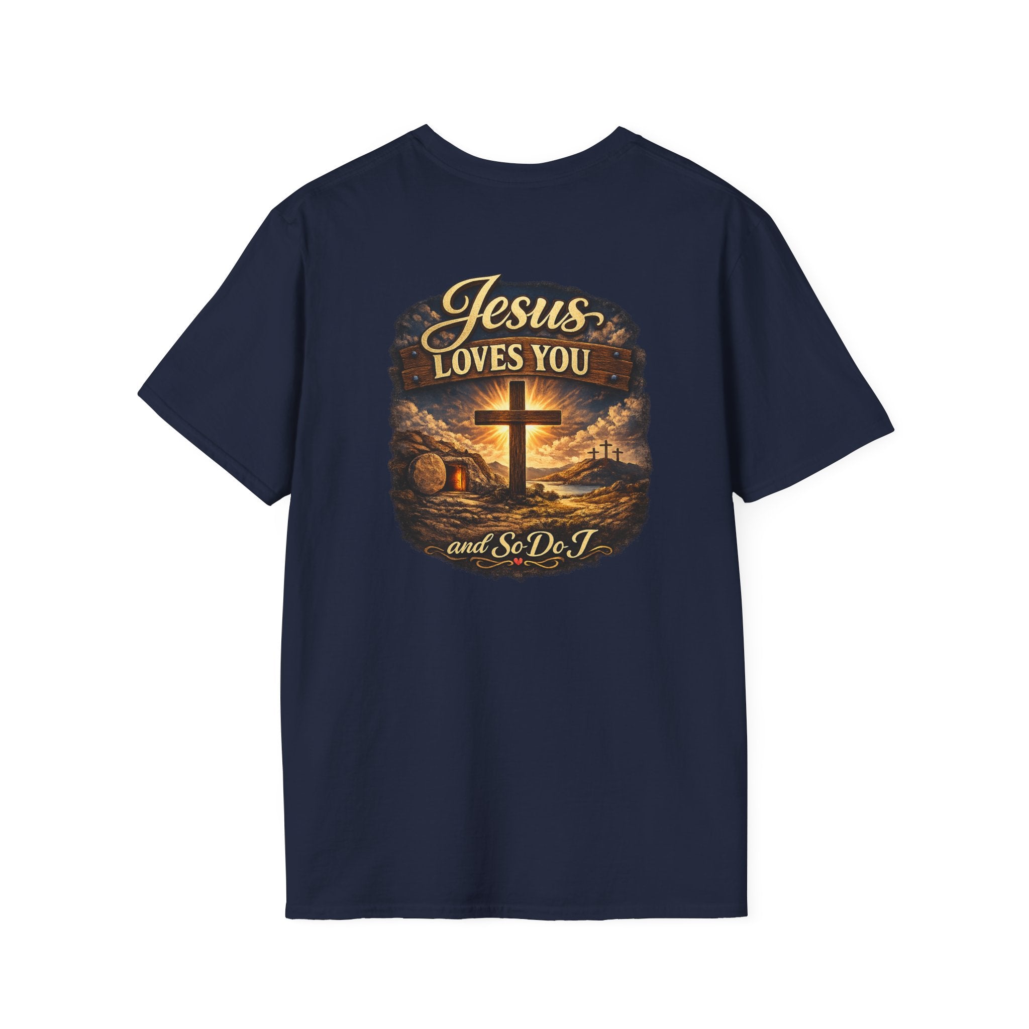 Christian T-Shirt — "Jesus Loves You" Cross Sunset Graphic