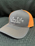 Dark gray with fluorescent orange mesh back cap
